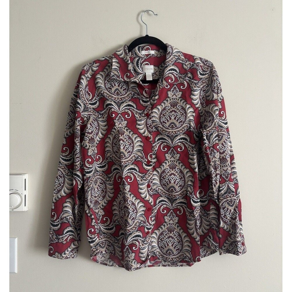 Chicos 1 Medium No Iron Button Up Collared Shirt Paisley Floral Red Tan White